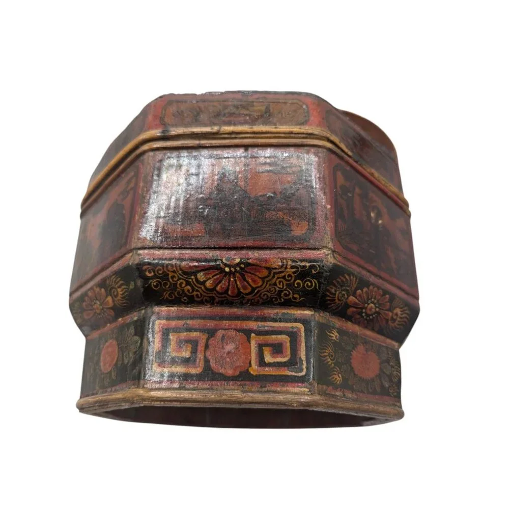 Antique Chinese Bamboo Wedding Basket Box Laquer Finsh Brass Handle